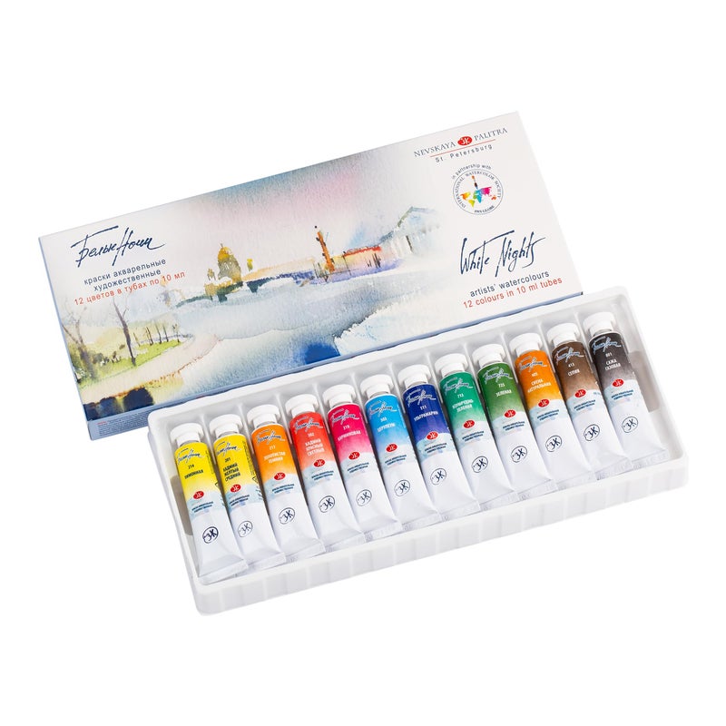 White Nights Extra Fine Artists Grade Professional Watercolor Paint Set of 12 Tubes 10 ml each by Nevskaya Palitra - Image 1